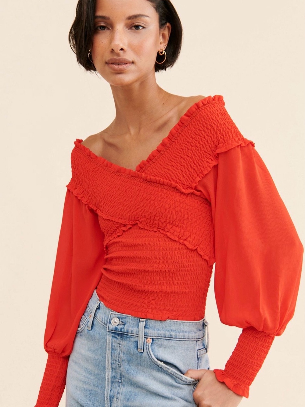 BB Dakota Vibrant Red Smocked Off-Shoulder Blouse